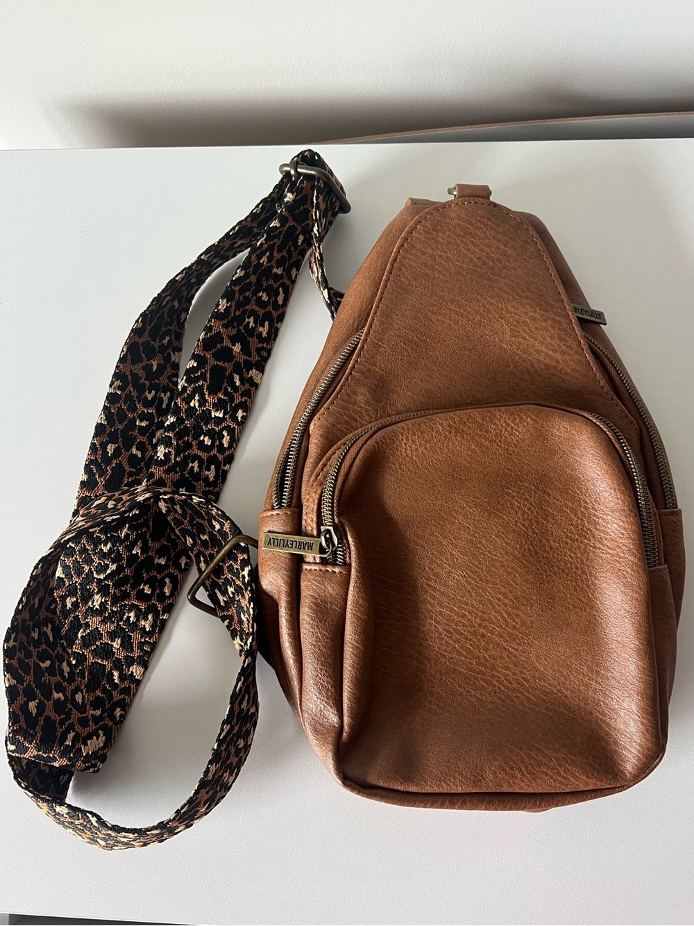 Brown Crossbody Sling Bag with Leopard-Print Strap